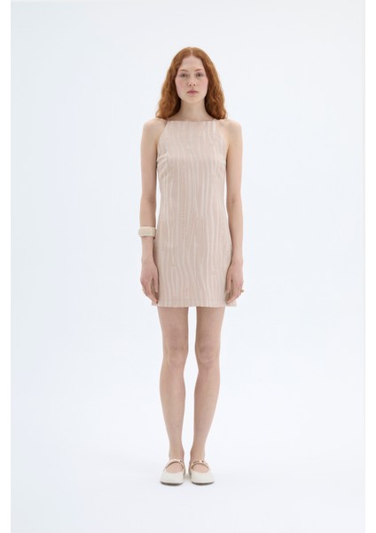 Halter Yaka Dokulu Mini Elbise Bej modelleri