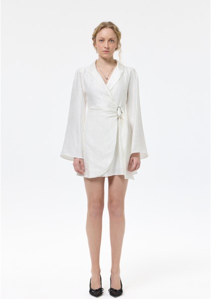 Kruvaze Bağlamalı Dokulu Mini Elbise Ekru modelleri