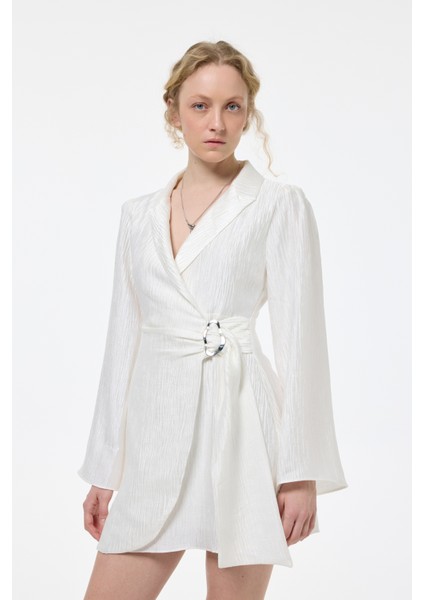 Kruvaze Bağlamalı Dokulu Mini Elbise Ekru fırsatları