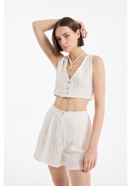 Kırçıllı Düğmeli Keten Kısa Yelek Naturel modelleri