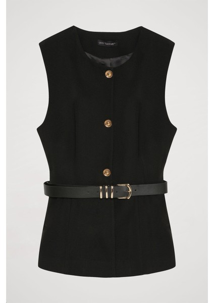 Kemer Aksesuarlı Düğmeli Kolsuz Yelek Siyah fiyatları