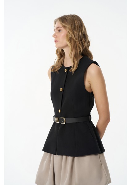 Kemer Aksesuarlı Düğmeli Kolsuz Yelek Siyah modelleri