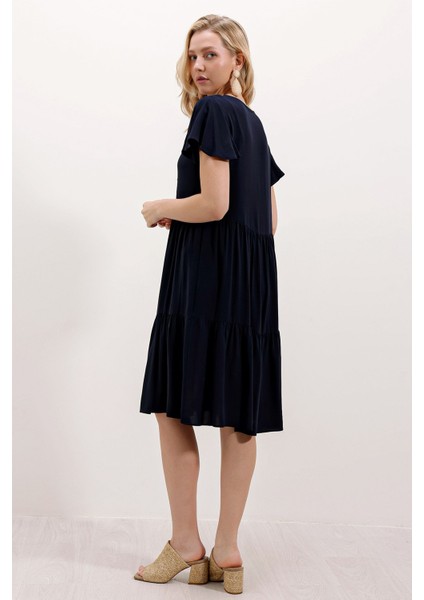 Kadın BDART V Yaka Fırfırlı Mini Elbise Lacivert fırsatları