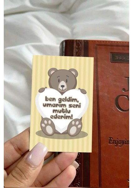Ben Geldim... Ayıcık Temalı 100 Adet Teşekkür Kartı 8,5x5,5 cm