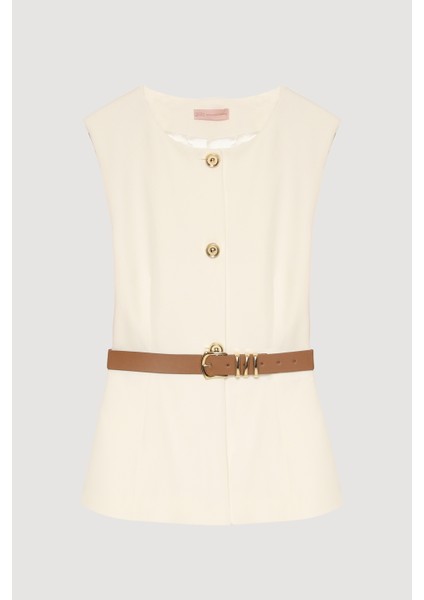 Kemer Aksesuarlı Düğmeli Kolsuz Yelek Ekru fiyatları