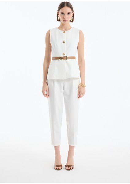 Kemer Aksesuarlı Düğmeli Kolsuz Yelek Ekru modelleri