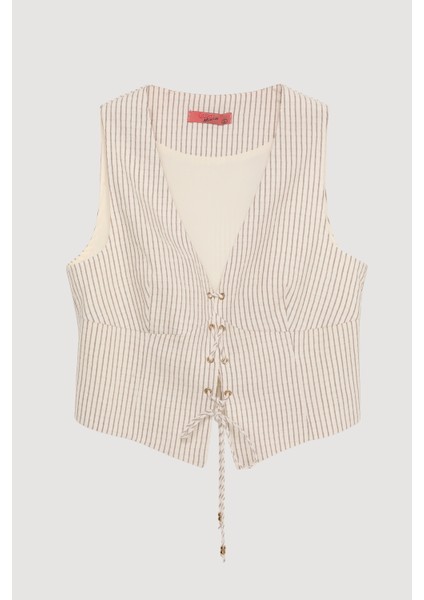 İp Bağlamalı Çizgili Keten Kolsuz Yelek Naturel fiyatları