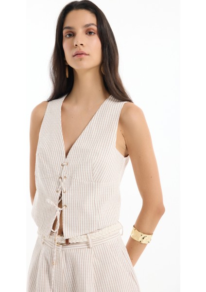 İp Bağlamalı Çizgili Keten Kolsuz Yelek Naturel fırsatları