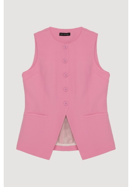 Düğmeli V Kesim Kolsuz Yelek Pembe fiyatları