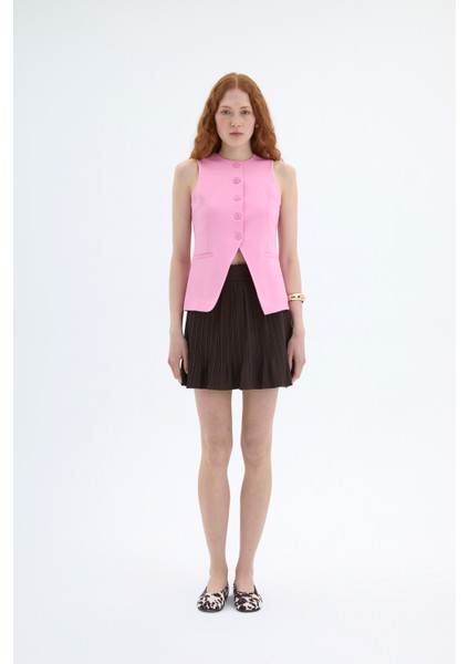 Düğmeli V Kesim Kolsuz Yelek Pembe modelleri