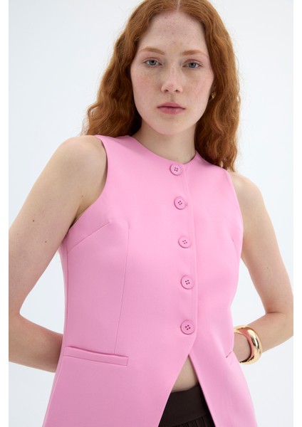 Düğmeli V Kesim Kolsuz Yelek Pembe fırsatları