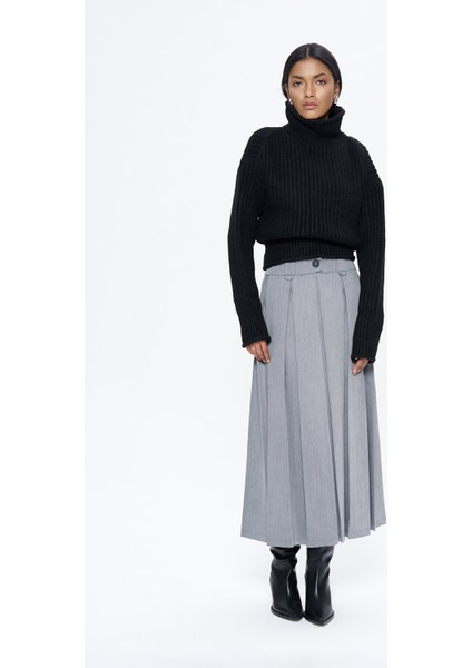 Pile Detaylı Midi Etek Gri modelleri