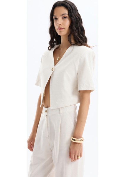 Tek Düğmeli Kısa Kol Keten Ceket Naturel fırsatları