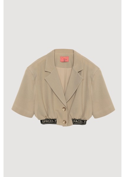 Beli Yazılı Kruvaze Yaka Düğmeli Kısa Ceket Bej fiyatları