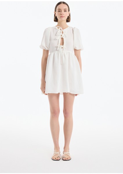 Balon Kol Fiyonk Bağlamalı Mini Elbise Ekru modelleri