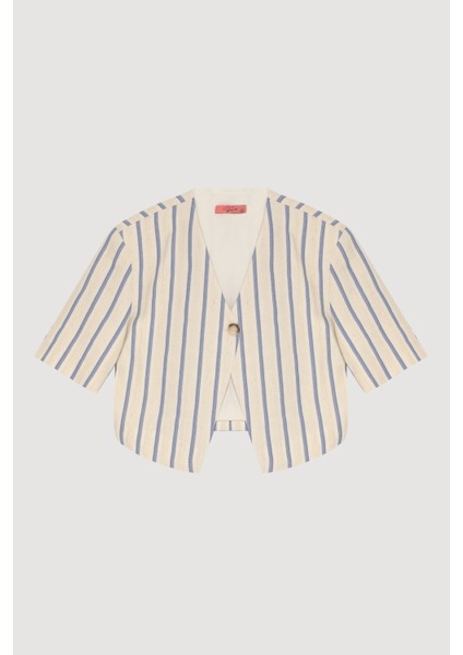 Tek Düğmeli Çizgili Kısa Kol Ceket Ekru fiyatları