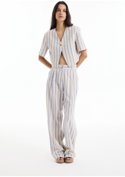 Tek Düğmeli Çizgili Kısa Kol Ceket Ekru modelleri