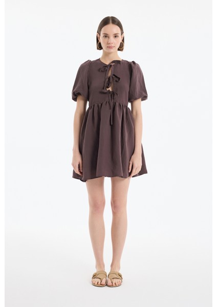 Balon Kol Fiyonk Bağlamalı Mini Elbise Kahverengi modelleri