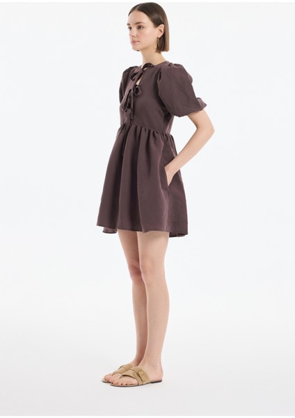 Balon Kol Fiyonk Bağlamalı Mini Elbise Kahverengi fırsatları