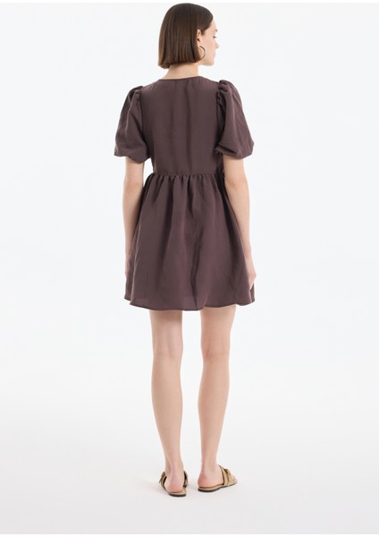 Balon Kol Fiyonk Bağlamalı Mini Elbise Kahverengi indirimleri