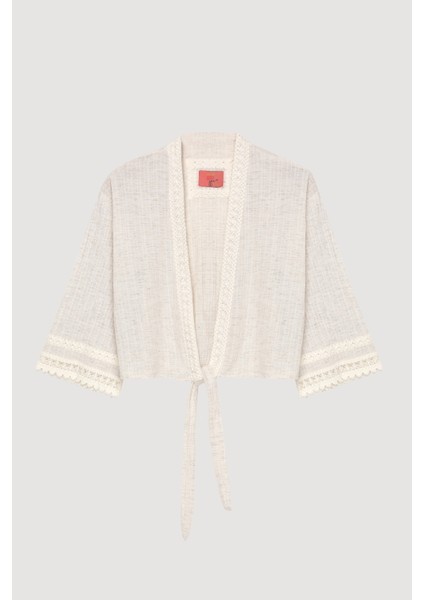 Şerit Dantelli Bağlamalı Kimono Naturel fiyatları