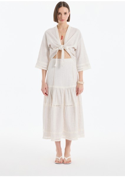 Şerit Dantelli Bağlamalı Kimono Naturel fırsatları