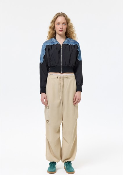 Denim Detaylı Püsküllü Bomber Ceket Siyah fiyatları