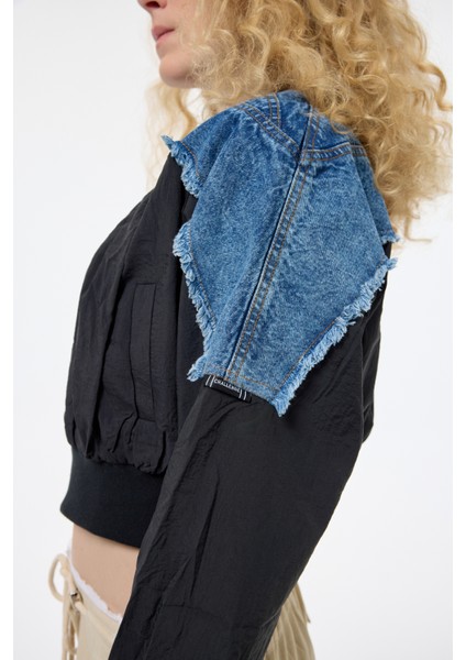 Denim Detaylı Püsküllü Bomber Ceket Siyah modelleri