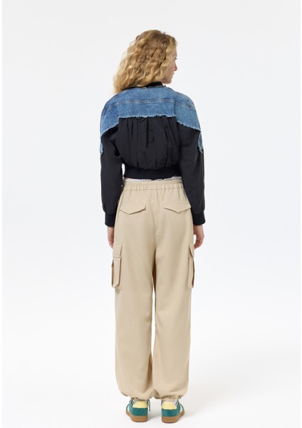 Denim Detaylı Püsküllü Bomber Ceket Siyah indirimleri