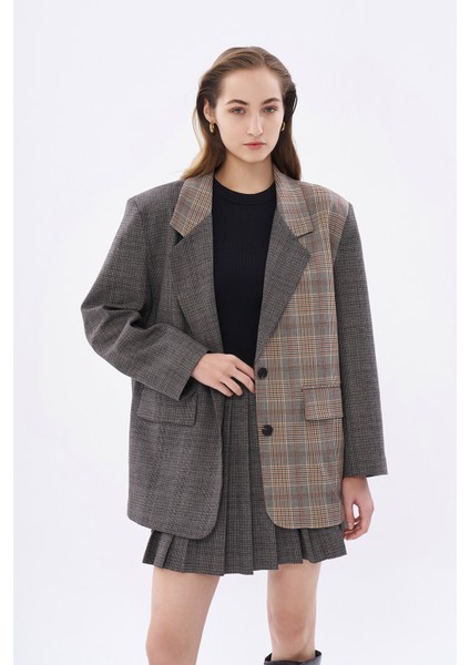 Match Detaylı Kareli Kruvaze Yaka Blazer Ceket Kahverengi modelleri