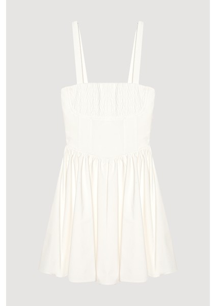 Kalın Askılı Pileli Mini Elbise Ekru fiyatları