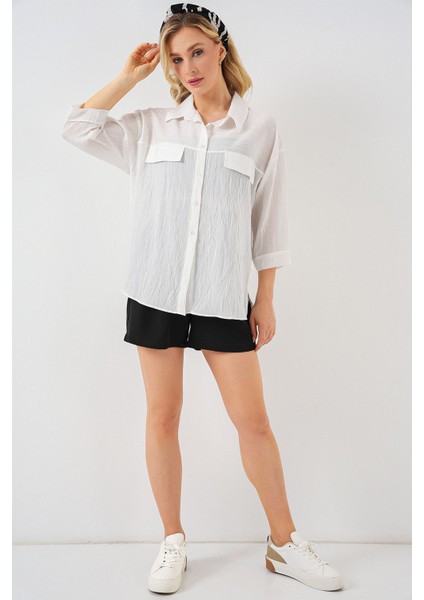 Kadın BDART Cepli Dokulu Krep Gömlek White fiyatları