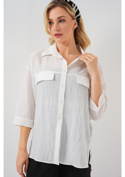 Kadın BDART Cepli Dokulu Krep Gömlek White fırsatları