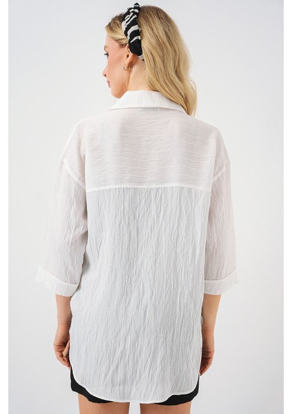 Kadın BDART Cepli Dokulu Krep Gömlek White