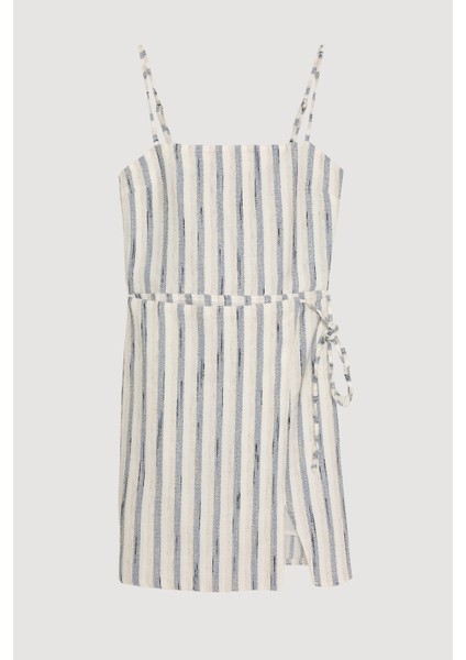 Önü Bağlamalı Yırtmaçlı Keten Mini Elbise Mavi fiyatları