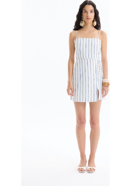 Önü Bağlamalı Yırtmaçlı Keten Mini Elbise Mavi modelleri