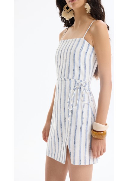 Önü Bağlamalı Yırtmaçlı Keten Mini Elbise Mavi fırsatları