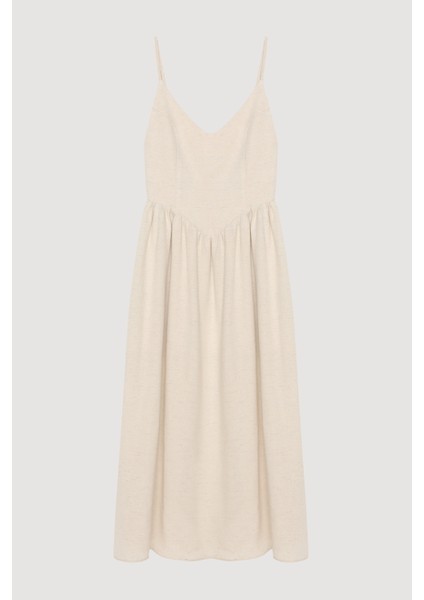İnce Askılı Keten Kloş Uzun Elbise Naturel fiyatları