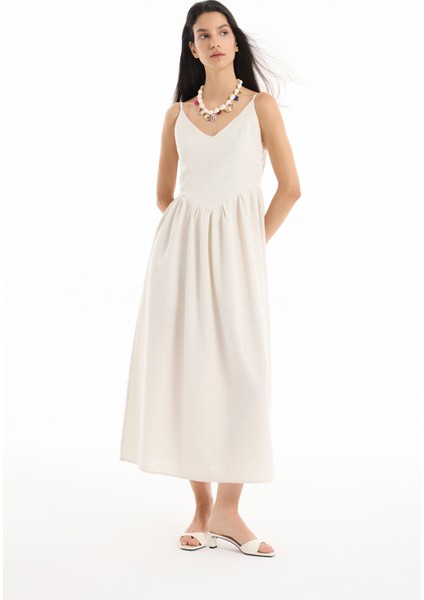 İnce Askılı Keten Kloş Uzun Elbise Naturel modelleri