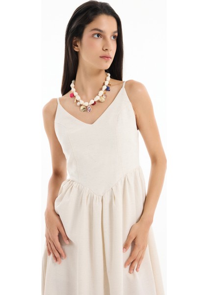 İnce Askılı Keten Kloş Uzun Elbise Naturel fırsatları