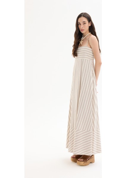 Ince Çizgili Etek Ucu Volanlı Askılı Uzun Elbise Naturel fırsatları