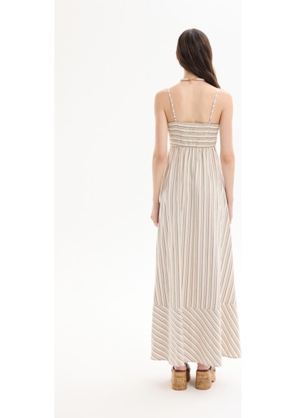 Ince Çizgili Etek Ucu Volanlı Askılı Uzun Elbise Naturel indirimleri