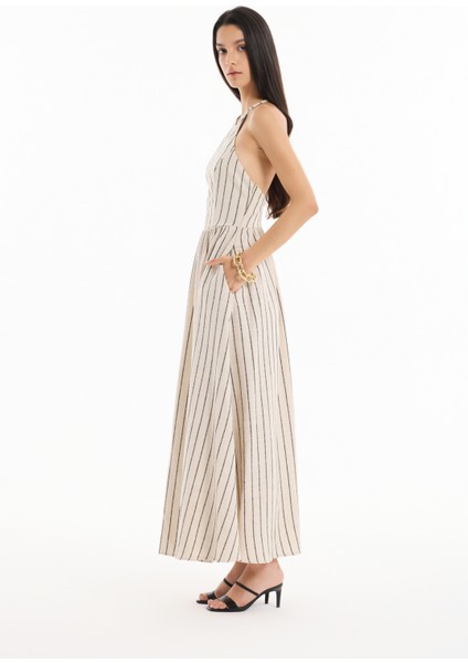 Halter Yaka Keten Sırtı Bağlamalı Çizgili Uzun Elbise Naturel modelleri