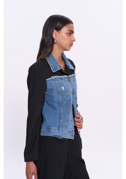 Denim Match Detaylı Düğmeli Ceket Siyah fırsatları