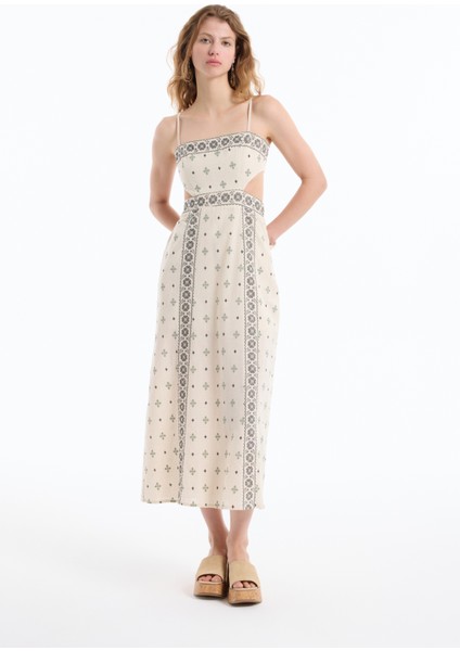 Etnik Desenli Cut Out Dekolteli Elbise Naturel modelleri