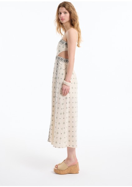 Etnik Desenli Cut Out Dekolteli Elbise Naturel fırsatları