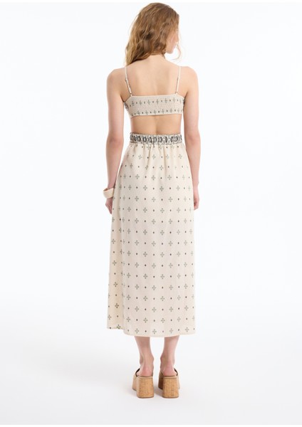 Etnik Desenli Cut Out Dekolteli Elbise Naturel indirimleri