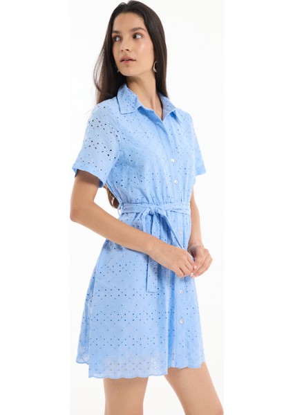 Fisto Detaylı Bağlamalı Mini Elbise Mavi modelleri