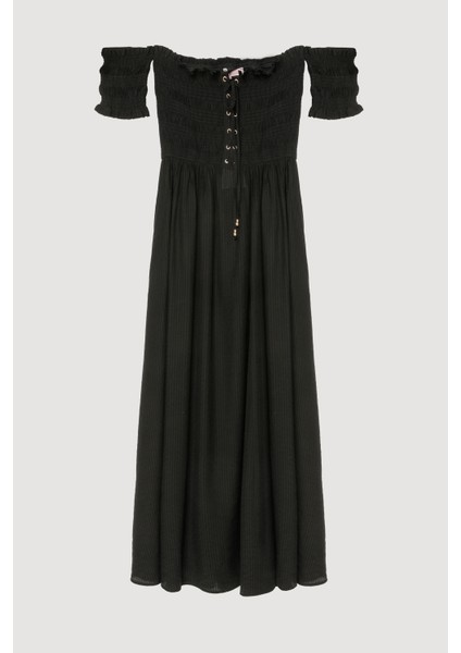 Kuş Gözü Bağlamalı Düşük Omuz Elbise Siyah fiyatları