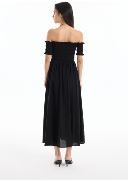 Kuş Gözü Bağlamalı Düşük Omuz Elbise Siyah indirimleri